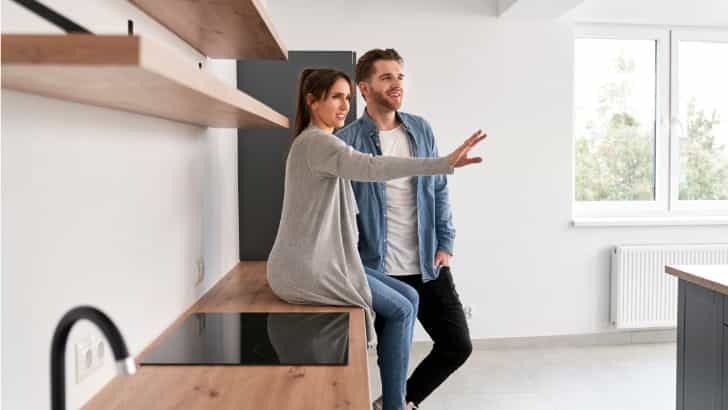Young couple plans decor in their new home, to represent saving money after your wedding.