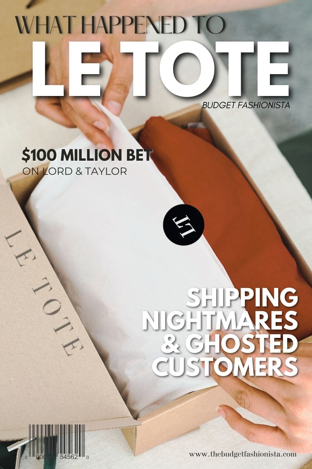 Top view of woman opening up a Le Tote branded box with text overlay.