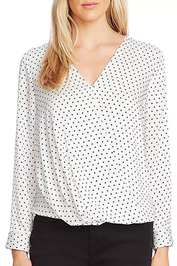 What to wear when you work from home? Try a polka dot surplice blouse!