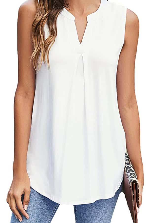 25 summer outfits on the cheap: Get 'em all for $200 3 Close-up of model wearing white shell top for summer outfits.