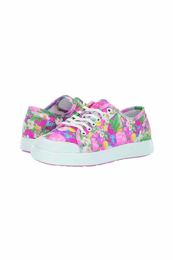 Pink floral sneakers, an example of women's sneaker trends for fall 