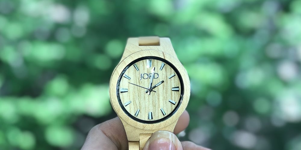 Close up of a wood watch