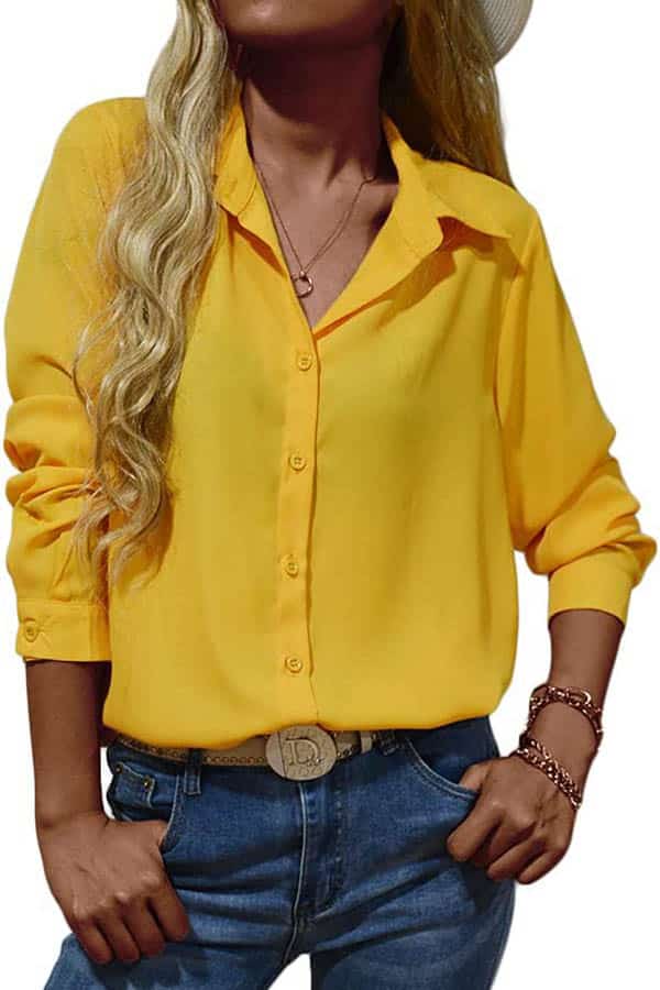25 summer outfits on the cheap: Get 'em all for $200 4 Close-up of model wearing yellow button-down top.