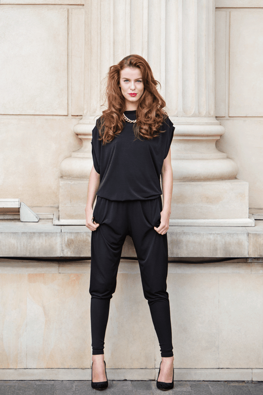 Rompers: How to wear a grownup onesie 2 red-head wearing a black romper