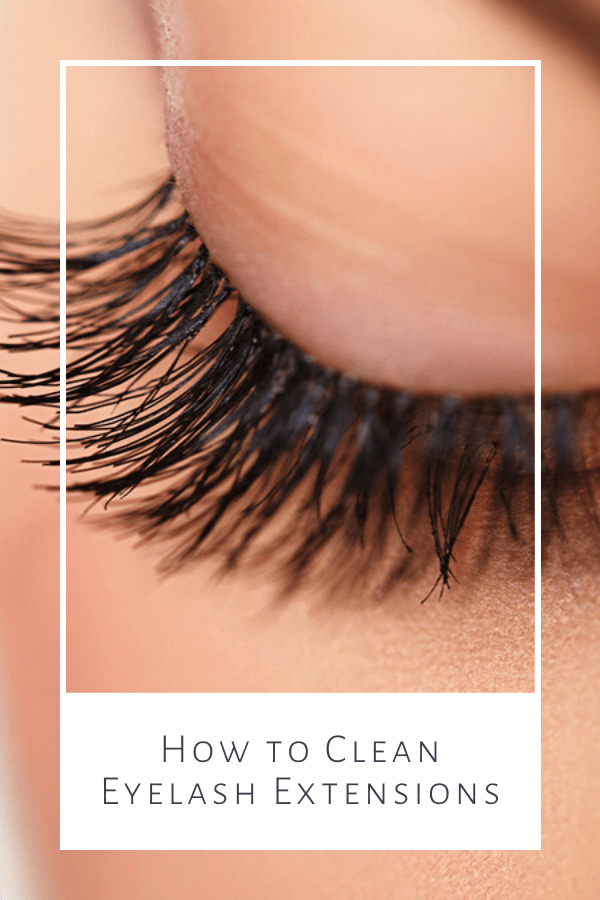 Close up of eyelashes with caption: cleaning eyelash extensions