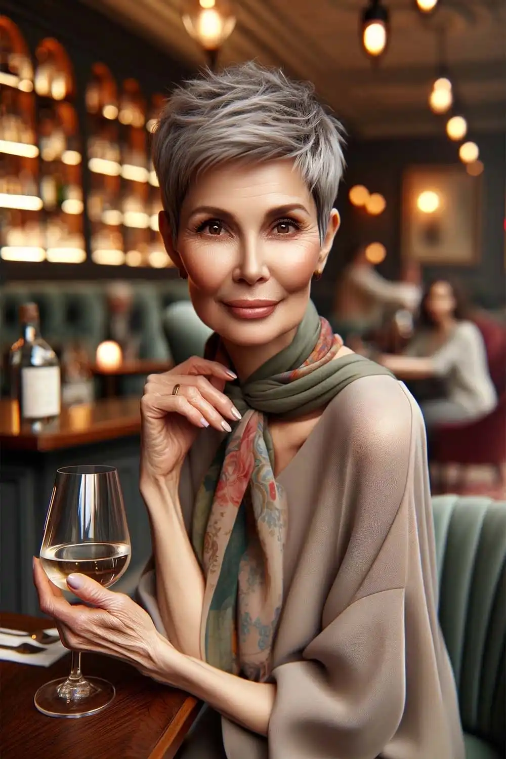 Stylish older woman wearing shift dress and neck scarf.