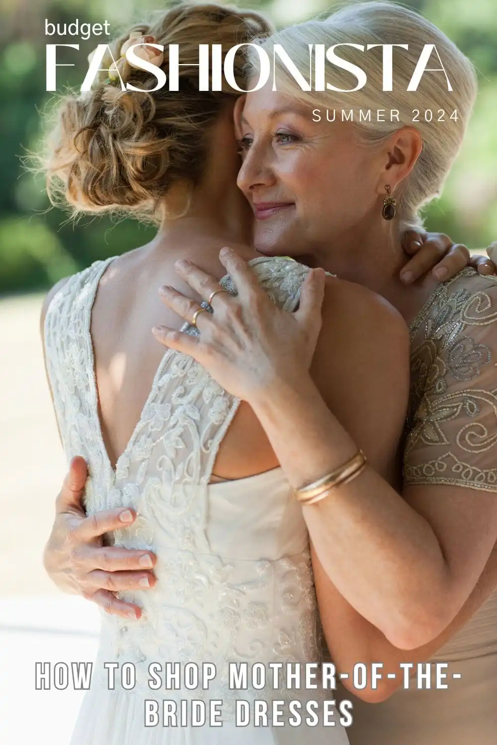 Close-up view of mother-of-the-bride hugging daughter. This image is part of an original post published on Budget Fashionista.