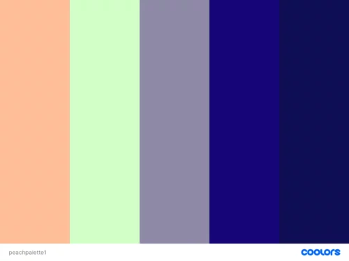 Peach with mint green, black, and dark blue.