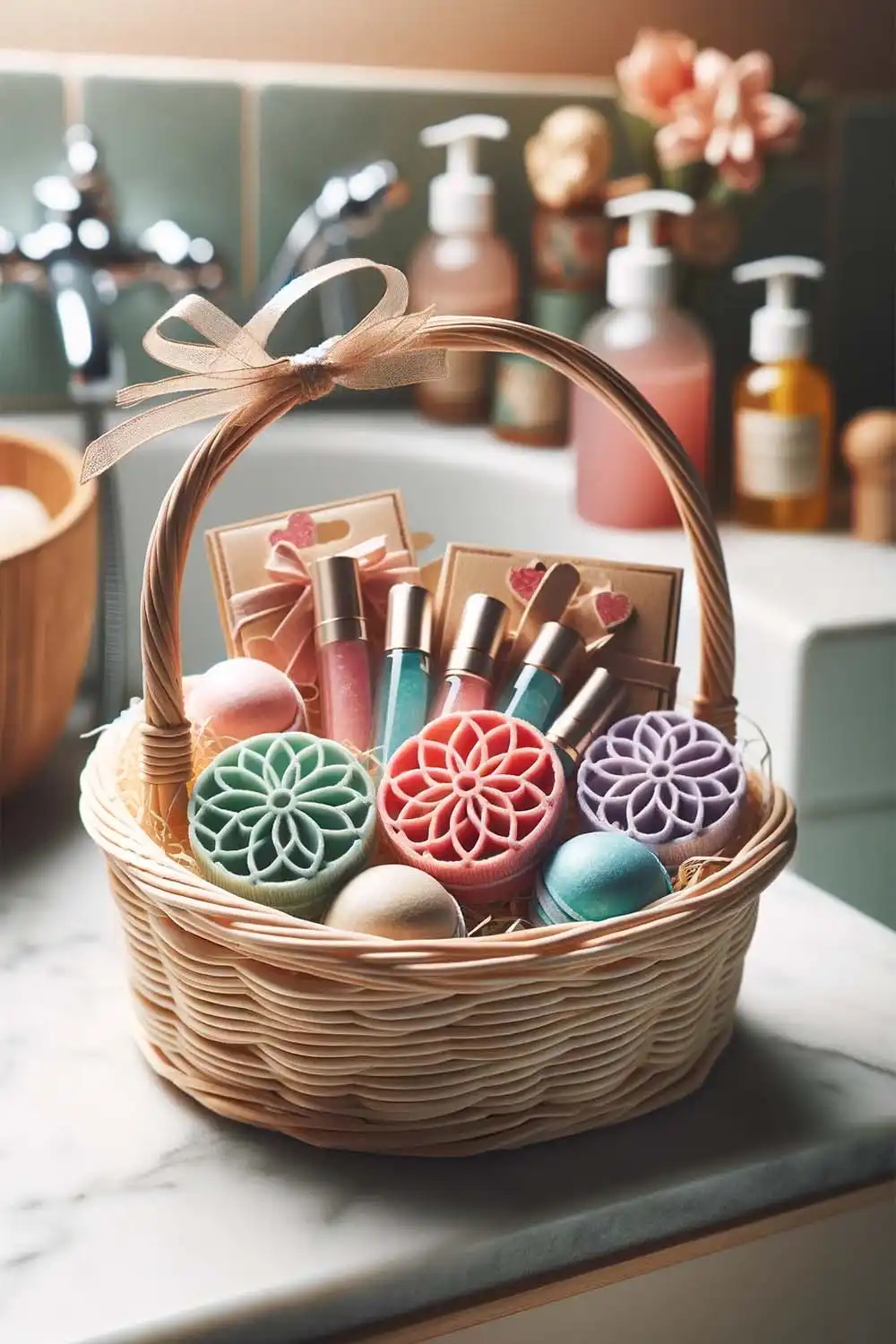 How to personalize gifts without overspending 2 Gift basket with personal care items in bathroom.