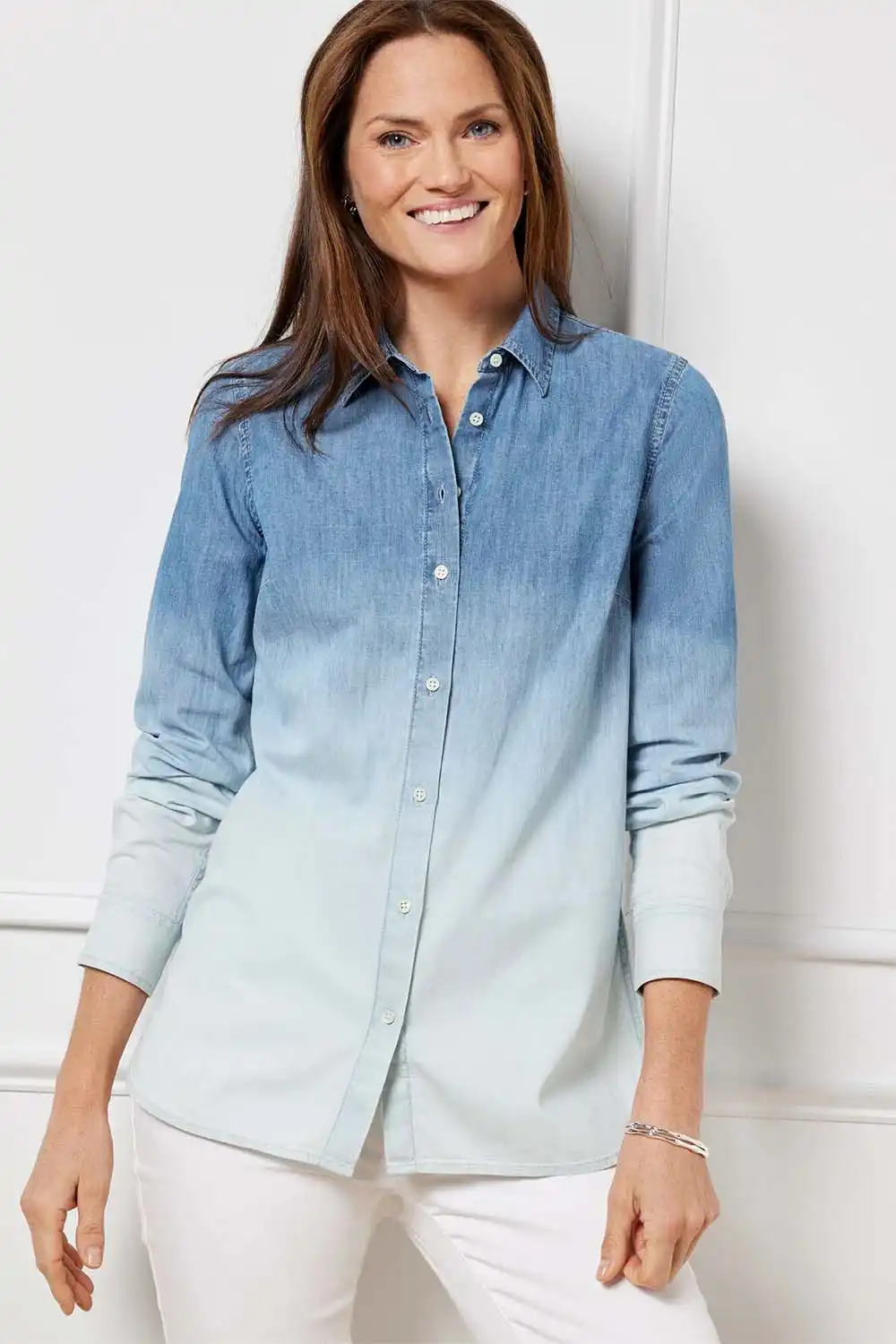 Model wears denim ombre shirt from Talbots.